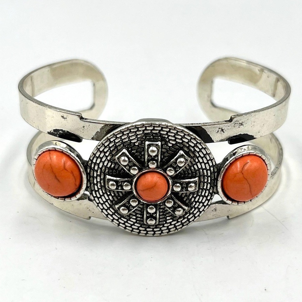 VTG Silver Tone Western Southwestern Cuff Bracelet Faux Coral‎ Orange Sunburst
